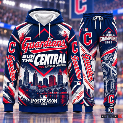 Cleveland Guardians Run The Central 2026 AL Central Champions Hoodie and Jogger Tracksuit Set with Hope Memorial Bridge Guardians Statue and Downtown Cleveland Skyline