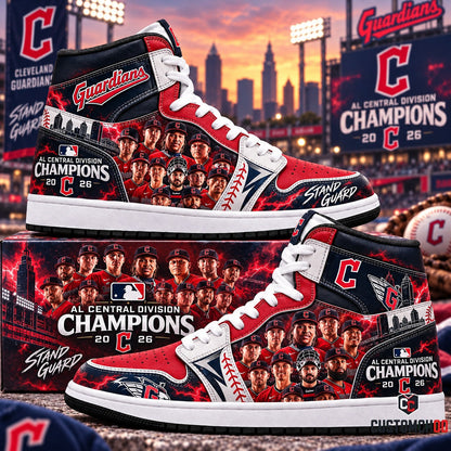 Cleveland Guardians AL Central Division Champions 2026 Stand Guard High Top Sneakers and Collector Box featuring Jose Ramirez, Team Roster, and Cleveland Skyline