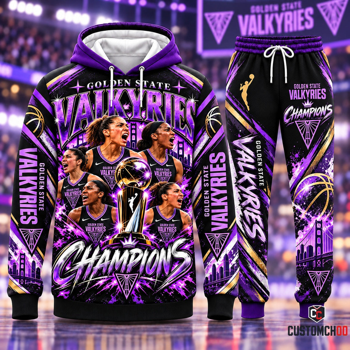 Golden State Valkyries WNBA Champions Trophy Celebration Pullover Hoodie and Jogger Tracksuit Set featuring Team Roster, Valkyrie Violet Lightning, and San Francisco Skyline