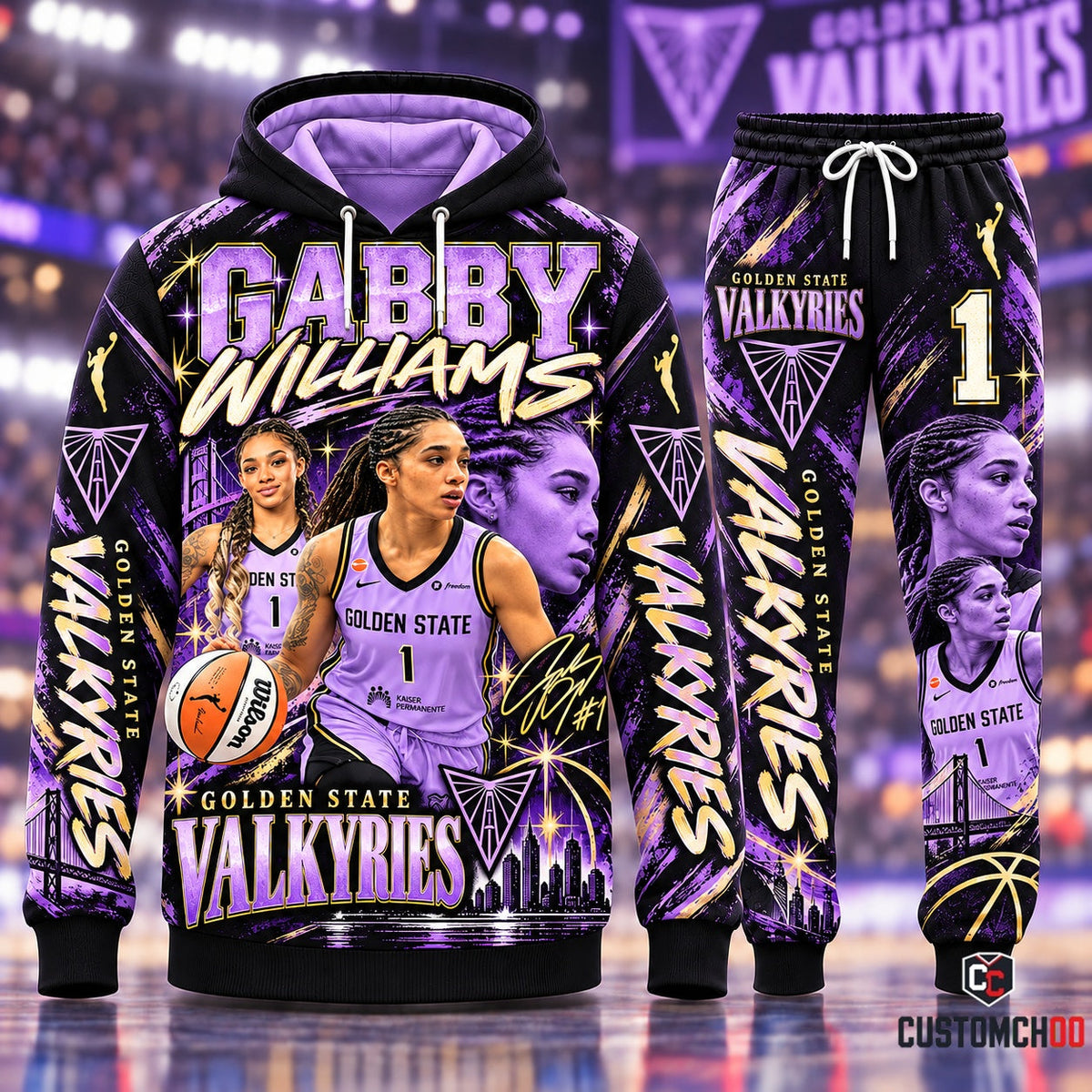 Golden State Valkyries Gabby Williams #1 Signature Edition Hoodie and Pants Fan Set with Wilson Basketball, Signature, and Bay Bridge Artwork