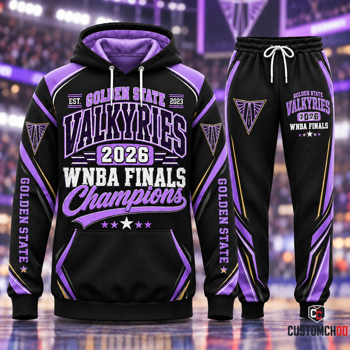 Golden State Valkyries Est. 2023 WNBA Finals Champions Pullover Hoodie and Sweatpants Set with Vintage Typography and Sleeve Wordmarks
