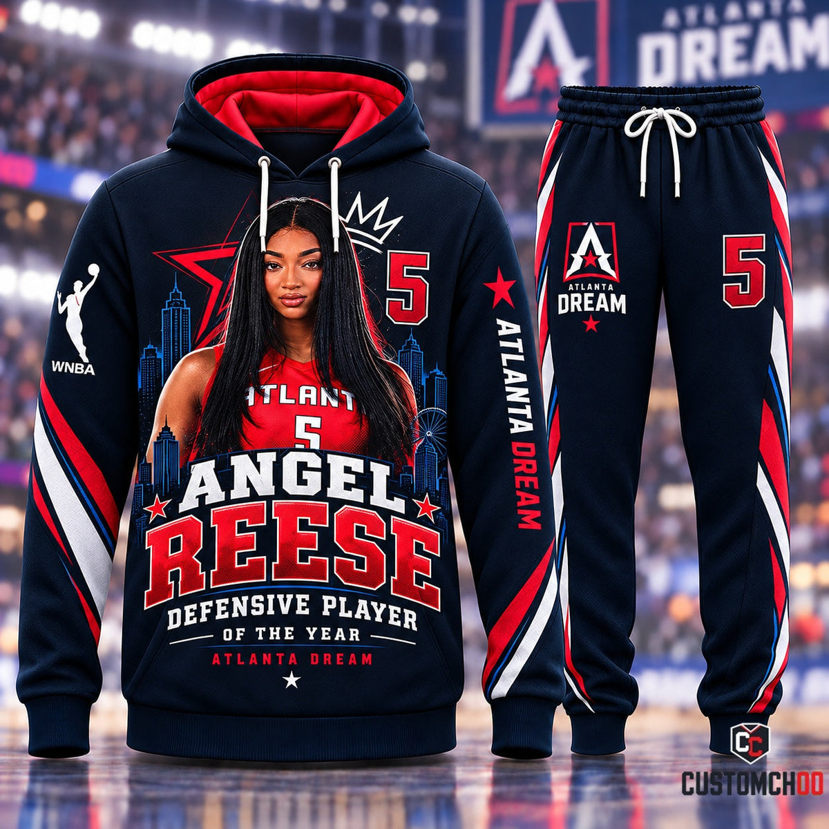 Angel Reese Atlanta Dream #5 DPOY Skyline Edition navy graphic hoodie and sweatpants tracksuit fan set - Style 01