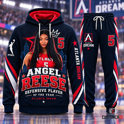 Angel Reese Atlanta Dream #5 DPOY Skyline Edition navy graphic hoodie and sweatpants tracksuit fan set - Style 01