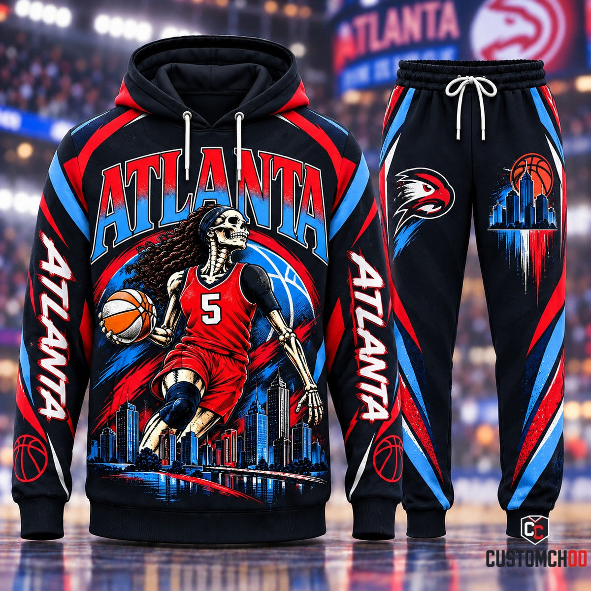Atlanta basketball skeleton player #5 skyline edition graphic hoodie and jogger sweatpants set - Style 04
