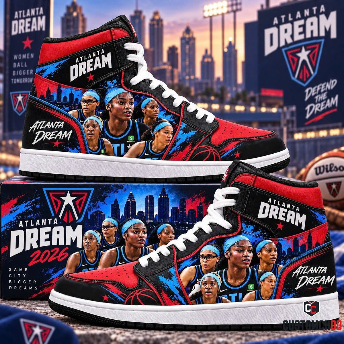 Atlanta Dream 2026 roster skyline edition high top sneakers with custom collector display shoebox in black red and cyan - Style 01