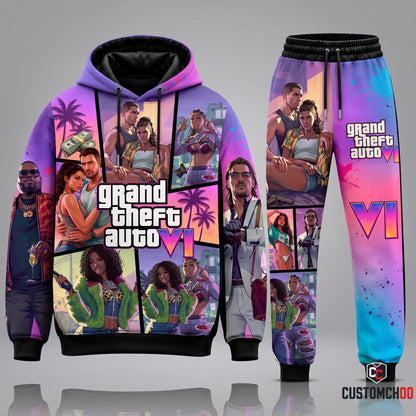 GTA VI Vice City Comic Panel Collage Edition Graphic Pullover Hoodie and Jogger Sweatpants Matching Set with Neon VI Logo and Character Artwork