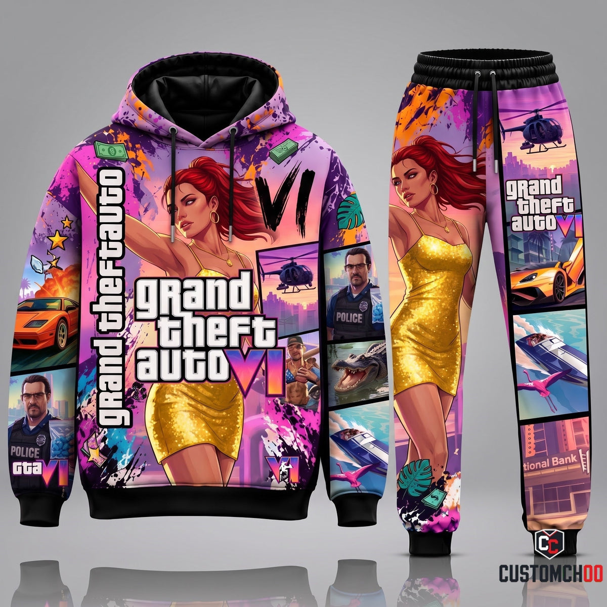 GTA VI Golden Glow Lucia & Vice City Action Panels Hoodie and Jogger Sweatpants Set with Police Chase, Alligator, Speedboat, and Gold Dress Artwork