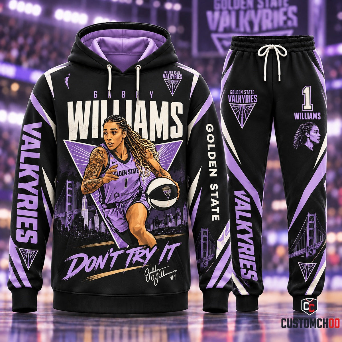 Gabby Williams #1 Don't Try It Crossover Dribble Graphic Hoodie and Sweatpants Set with Golden Gate Bridge, Wilson Basketball, and V-Crest