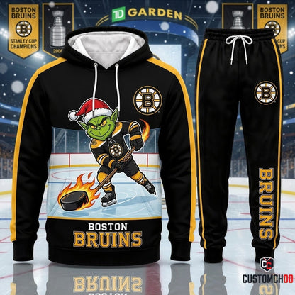 Boston Bruins grinch-inspired christmas hoodie and sweatpants tracksuit set – Slapshot Puck Heist