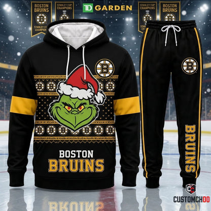 Boston Bruins grinch-inspired christmas hoodie and sweatpants tracksuit set – Ugly Sweater Spoked B