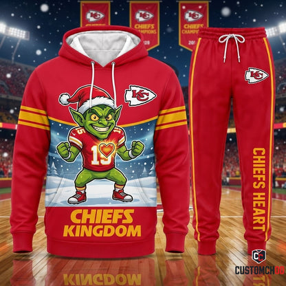 Kansas City Chiefs grinch-inspired christmas hoodie and sweatpants tracksuit set – Arrowhead Heart 3 Sizes