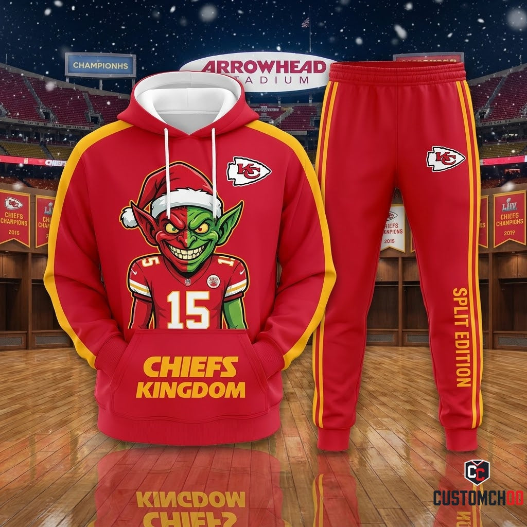 Kansas City Chiefs grinch-inspired christmas hoodie and sweatpants tracksuit set – Two Tone Split Red Neon