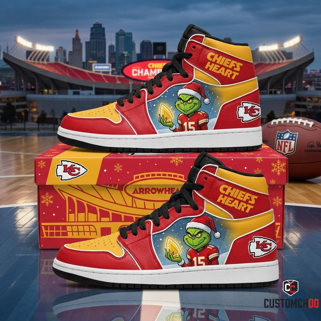 Kansas City Chiefs grinch-inspired christmas fan sneakers – Arrowhead Heart 3 Sizes
