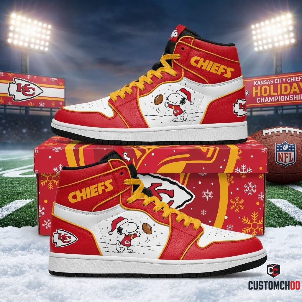 Kansas City Chiefs snoopy-inspired holiday fan sneakers – Santa Snoopy Touchdown