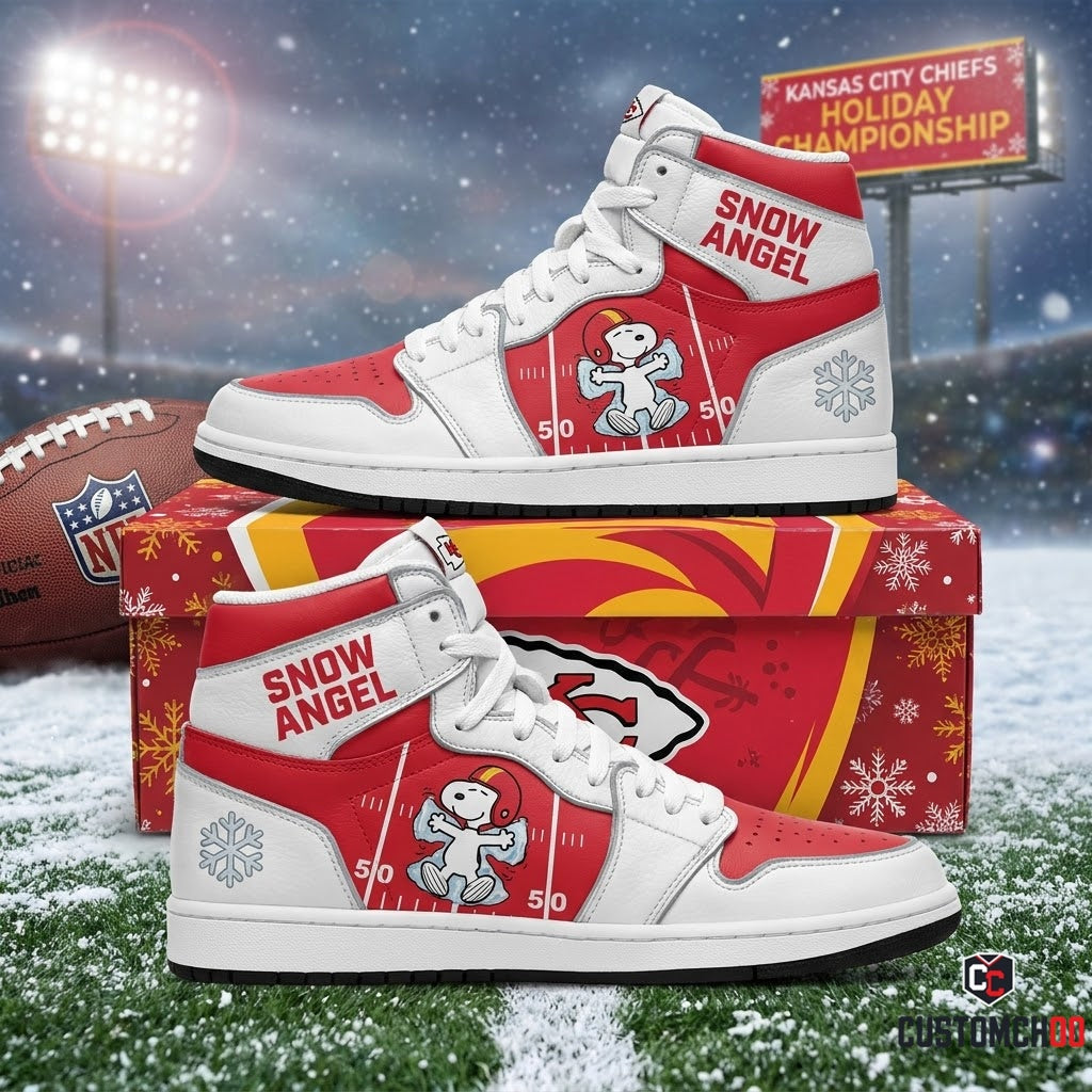 Kansas City Chiefs snoopy-inspired holiday fan sneakers – Frozen Arrowhead Snow Angel