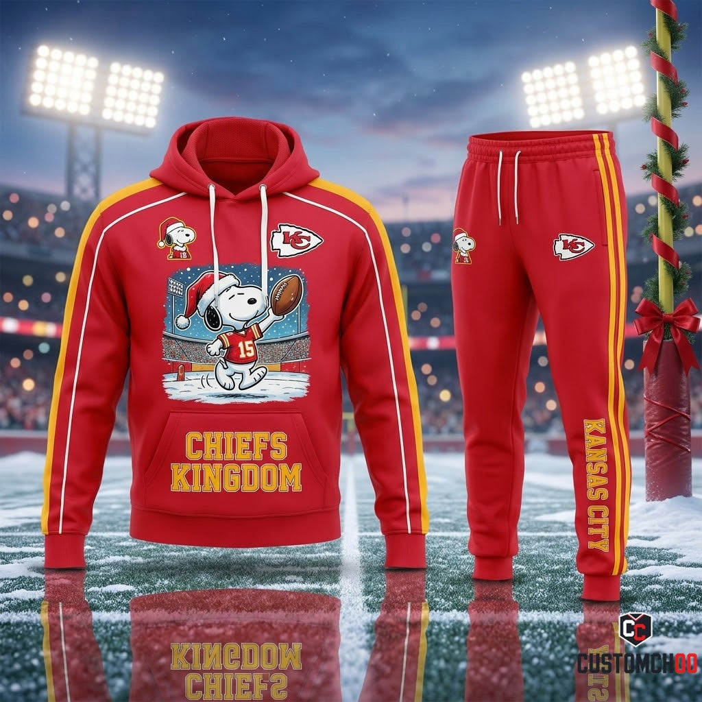 Kansas City Chiefs snoopy-inspired holiday hoodie and sweatpants tracksuit set – Santa Snoopy Touchdown