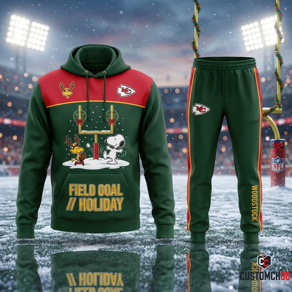 Kansas City Chiefs snoopy-inspired holiday hoodie and sweatpants tracksuit set – Woodstock Reindeer Kick