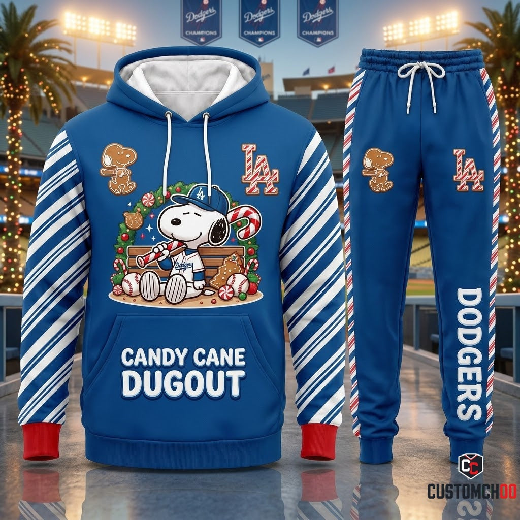 Los Angeles Dodgers snoopy-inspired christmas hoodie and sweatpants tracksuit set – Dodgers Snoopy Candy Cane Dugout