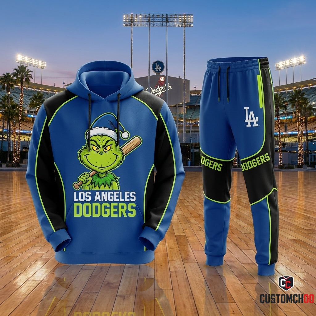 Los Angeles Dodgers grinch-inspired christmas hoodie and sweatpants tracksuit set – Dodgers Grinch Grand Slam Heist