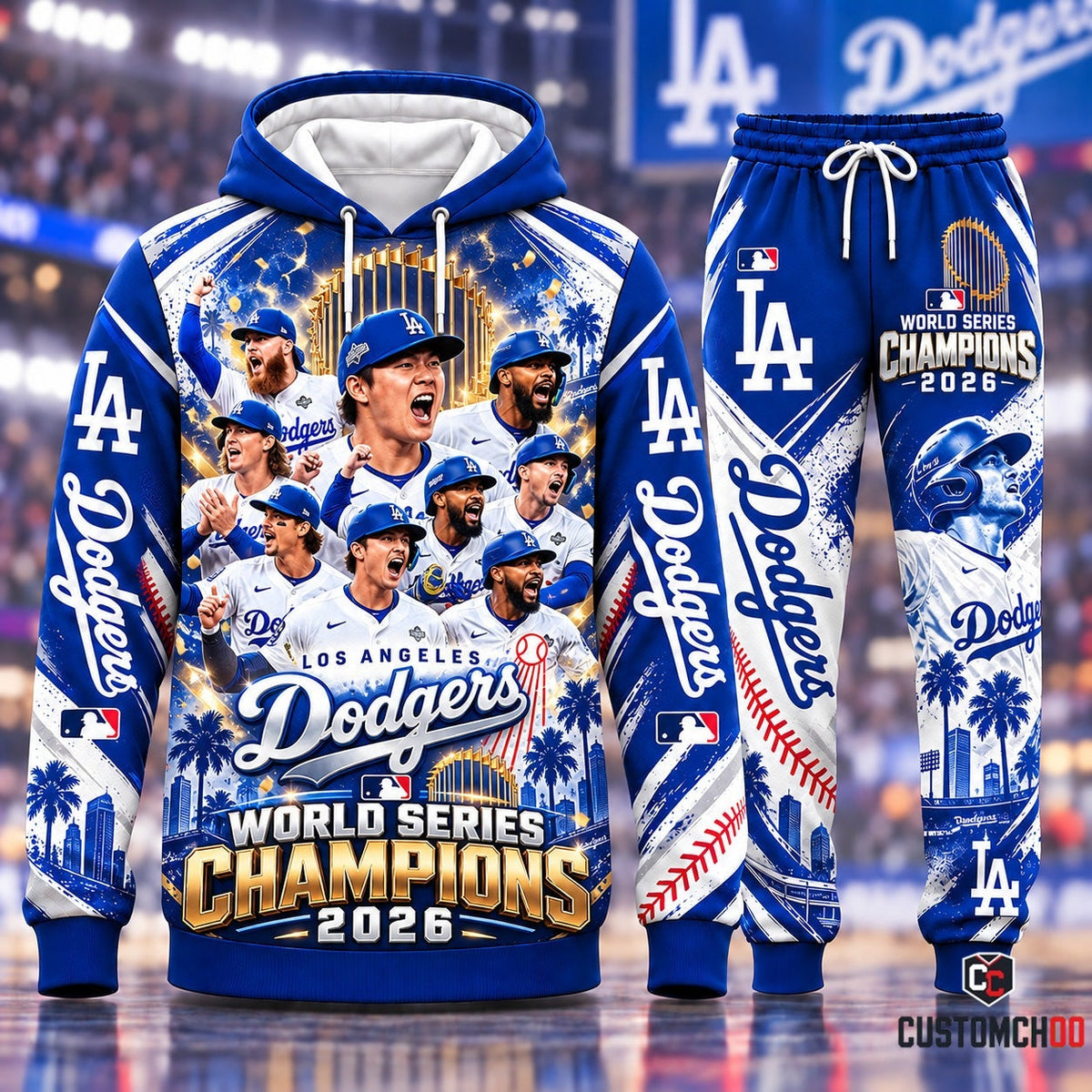 Los Angeles Dodgers World Series Champions 2026 Gold Trophy celebration streetwear hoodie and sweatpants set - front view