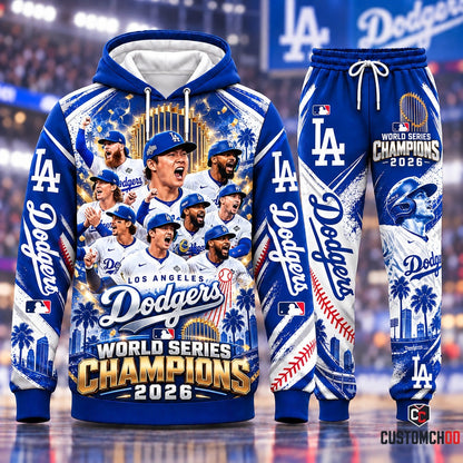 Los Angeles Dodgers World Series Champions 2026 Gold Trophy celebration streetwear hoodie and sweatpants set - front view