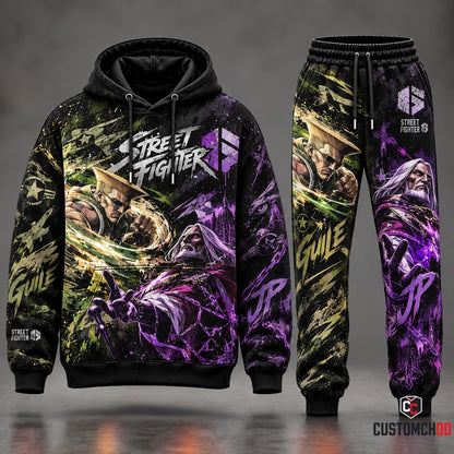 Street Fighter 6 Guile vs JP Streetwear Tracksuit Set with Military Camo Green Sonic Boom Ring and Aristocratic Violet Psycho Power Cane Graphics