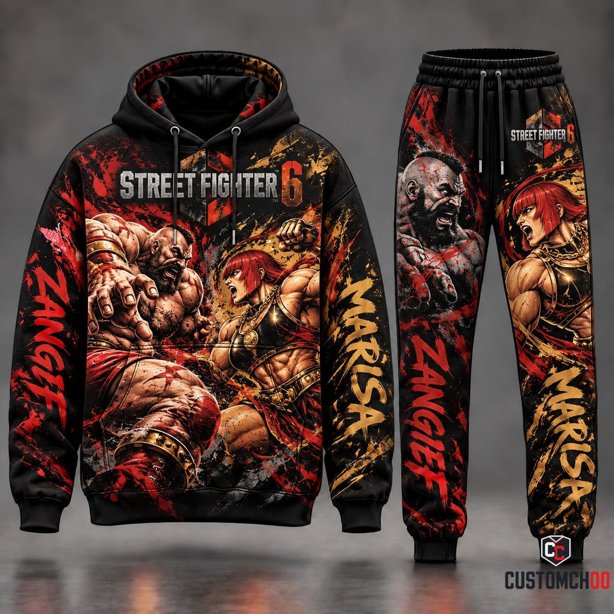 Street Fighter 6 Zangief vs Marisa Heavyweight Muscle Clash Tracksuit Set with Crimson Blood Splatter Red Cyclone and Roman Gold Gladiator Artwork