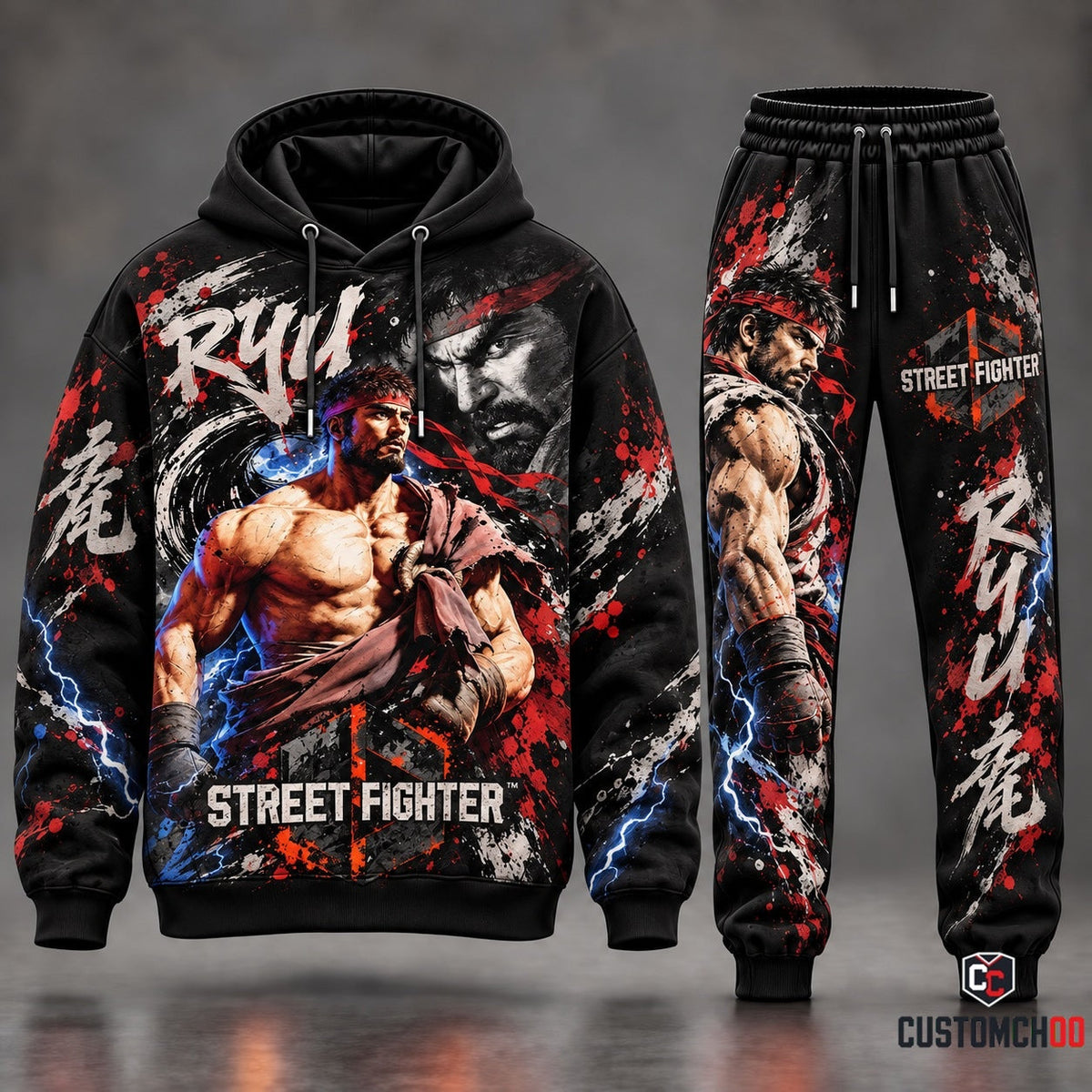 Street Fighter 6 Ryu Master Furinkazan Solo Graphic Pullover Hoodie and Joggers Tracksuit Set with Japanese Calligraphy Sumi Ink Splash and Red Belt